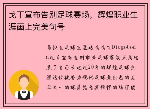 戈丁宣布告别足球赛场，辉煌职业生涯画上完美句号